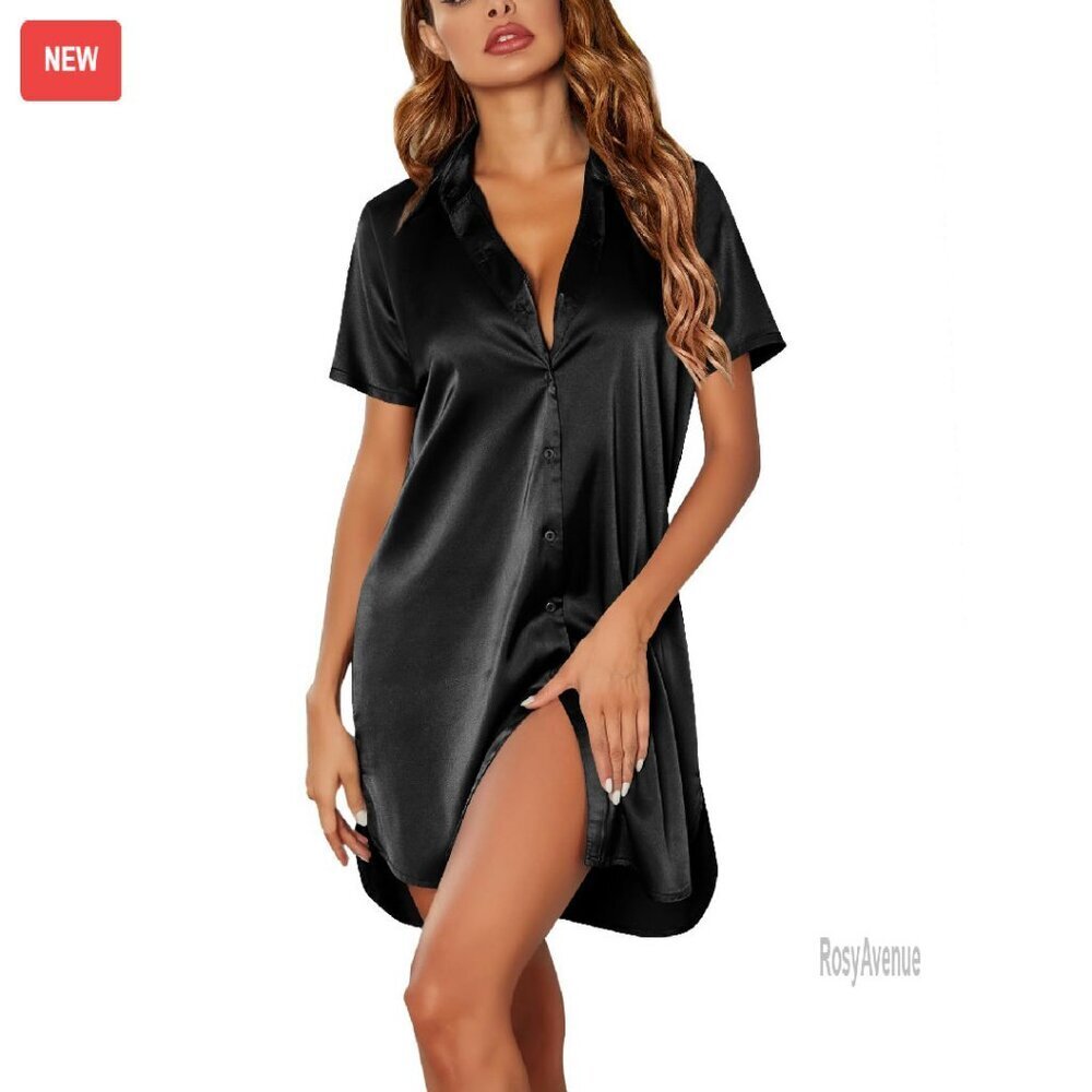 Satin Button Down Nightshirt Short Sleeve Sleepwear S-3XL